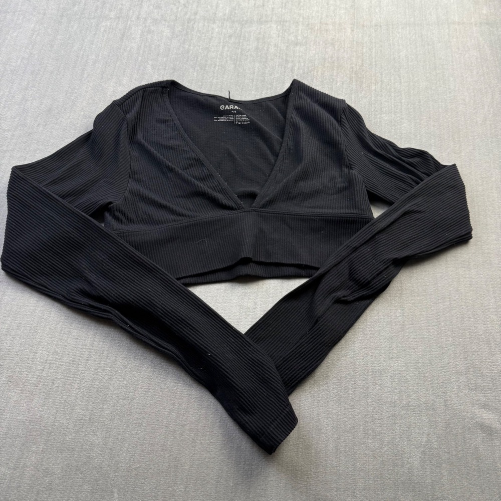 Garage Black Ribbed‎ Long Sleeve V-Neck Crop Top Small 100069918